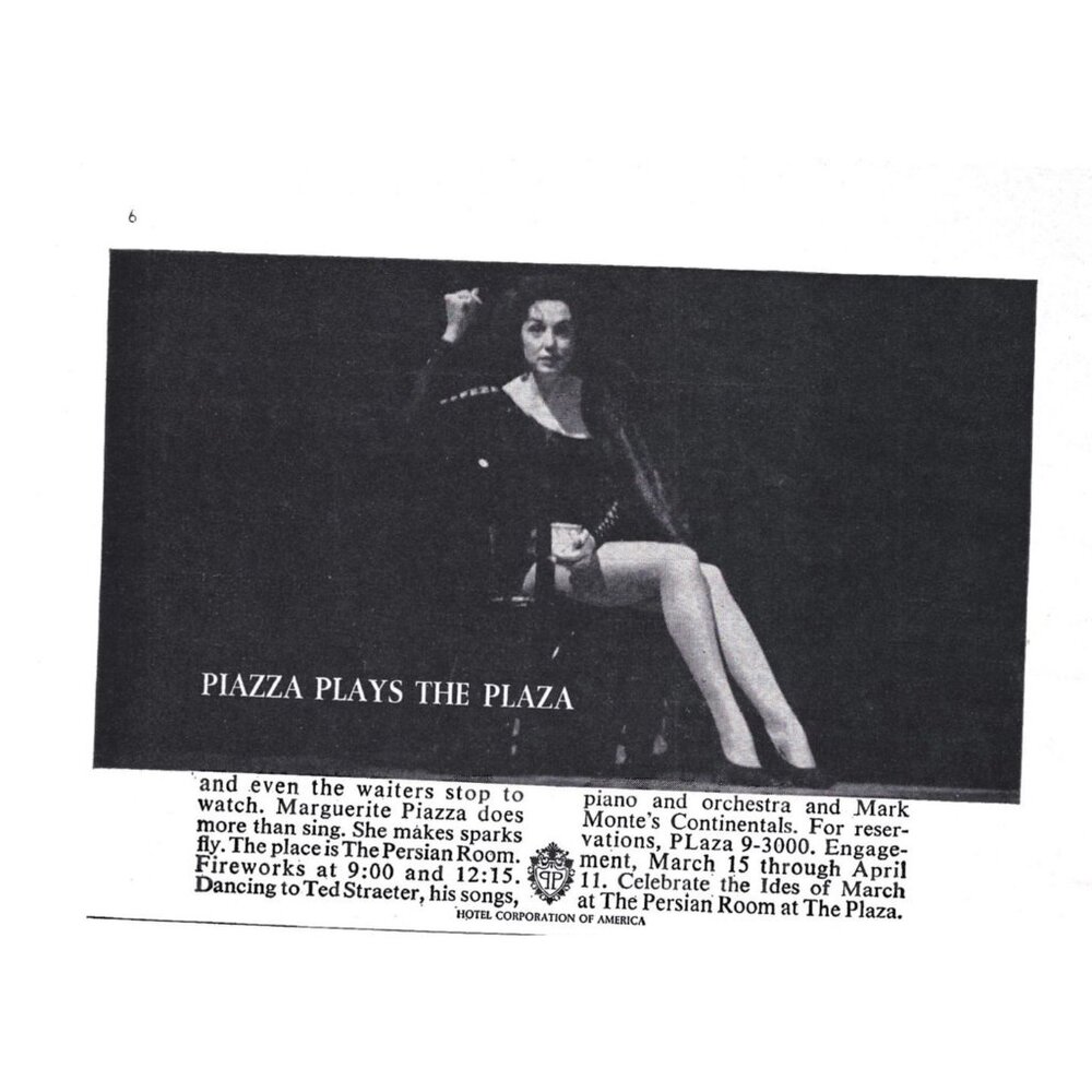 Vintage Marguerite Piazza Plays The Plaza Advertisement Print 1960s NYC Ad
